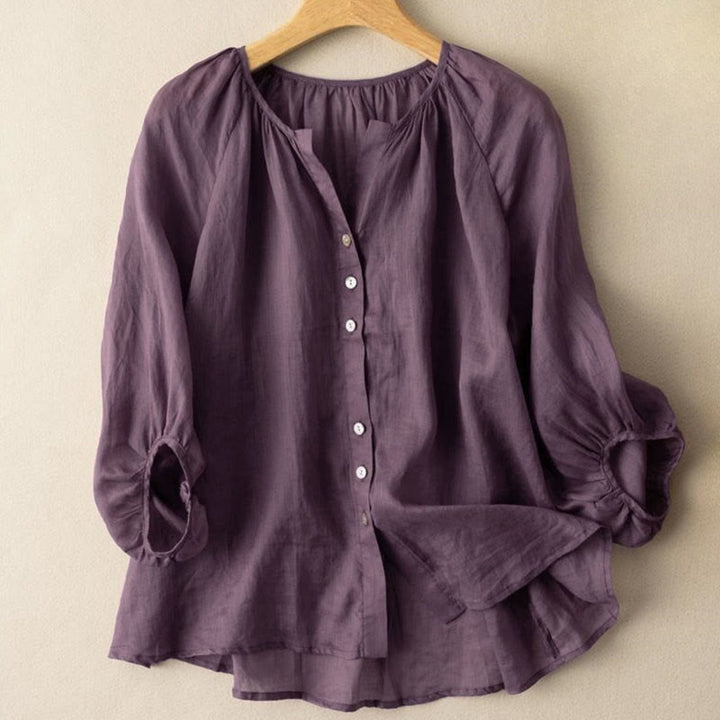 Buddha Stonesヴィンテージボタン 七分袖 パフスリーブ Vネック レディースシャツ - ダークマゼンタ - US14、 UK/AU18、 EU46 (4XL) - image 7