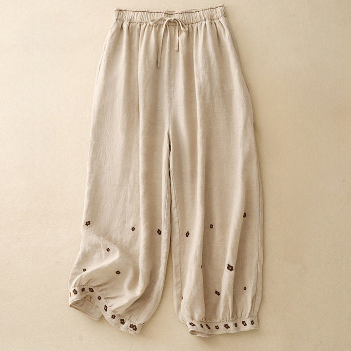 Buddha Stonesカジュアル刺繍花びらレディースコットンリネン7-8丈ハーレムパンツ ポケット付き - 小麦 - US12、 UK/AU16、 EU44 (2XL) - image 0