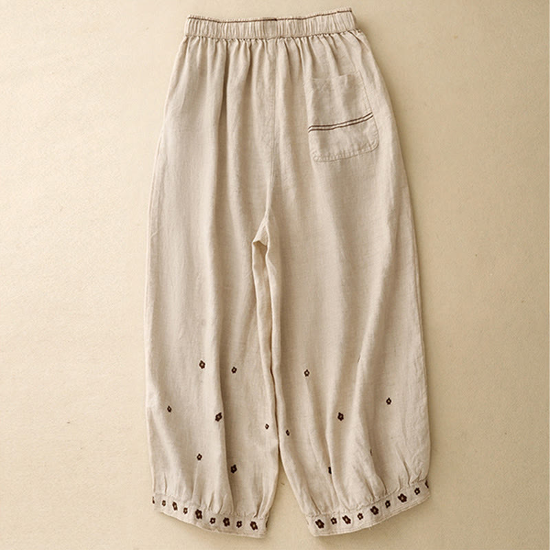 Buddha Stonesカジュアル刺繍花びらレディースコットンリネン7-8丈ハーレムパンツ ポケット付き - image 1