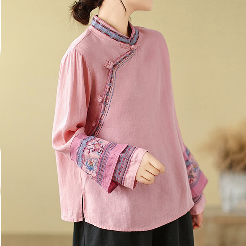 Buddha Stones刺繍入り斜めボタンコットンリネンレディースシャツ - image 15