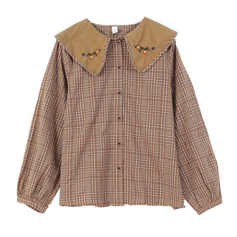 Buddha Stones刺繍入りチェック柄コットンレディースシャツ - image 1