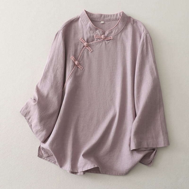 Buddha Stones無地 斜めボタン コットンリネン レディース シャツ - アザミ - US12、 UK/AU16、 EU44 (2XL) - image 2