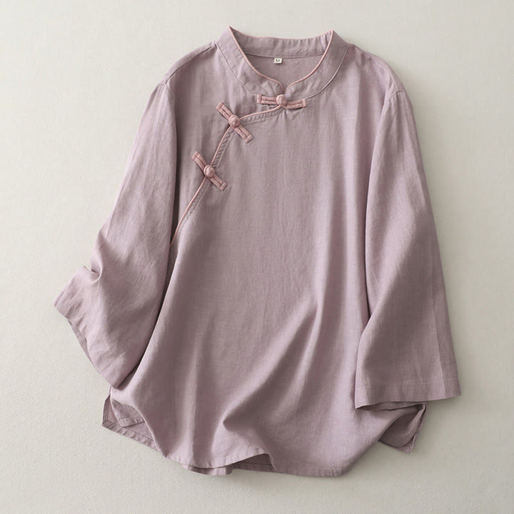 Buddha Stones無地 斜めボタン コットンリネン レディース シャツ - アザミ - US12、 UK/AU16、 EU44 (2XL) - image 2