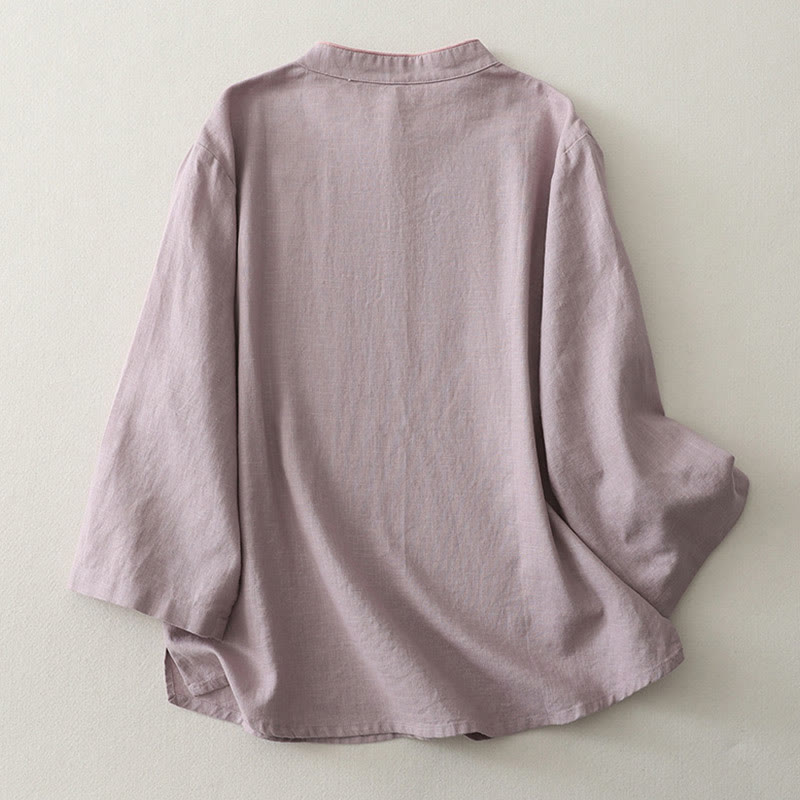 Buddha Stones無地 斜めボタン コットンリネン レディース シャツ - image 3