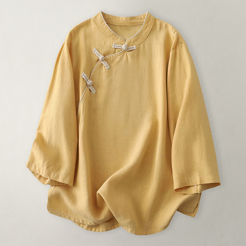 Buddha Stones無地 斜めボタン コットンリネン レディース シャツ - 金 - US12、 UK/AU16、 EU44 (2XL) - image 0