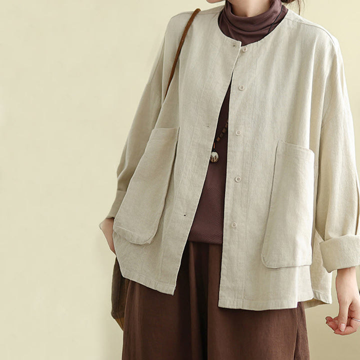 Buddha Stones無地デザイン 長袖 レディース コットンリネン ジャケット ポケット付き - image 4