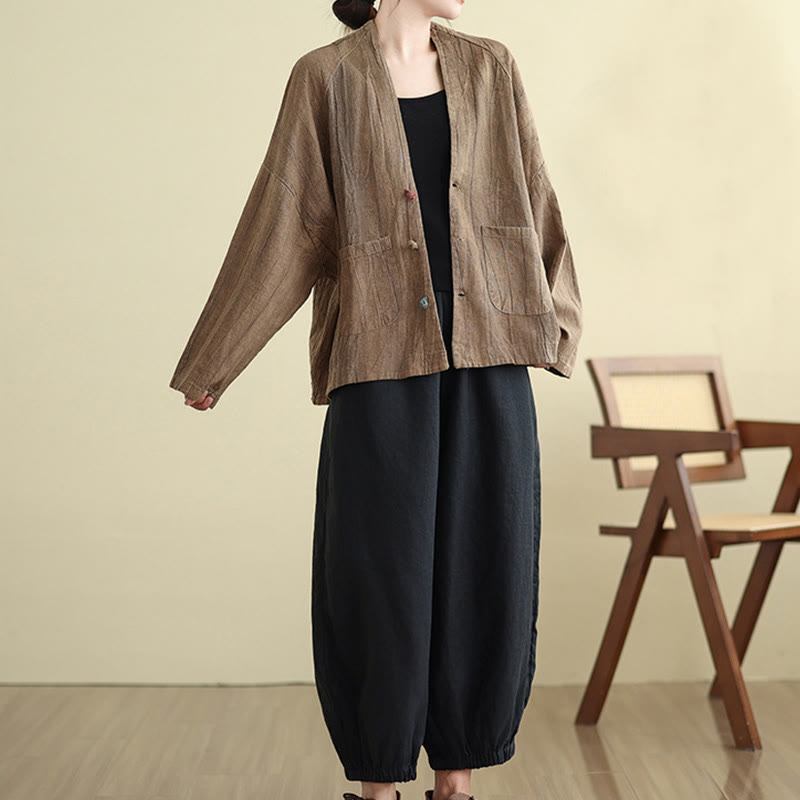 Buddha Stones無地 長袖 レディース コットンリネン ジャケット ポケット付き - image 6