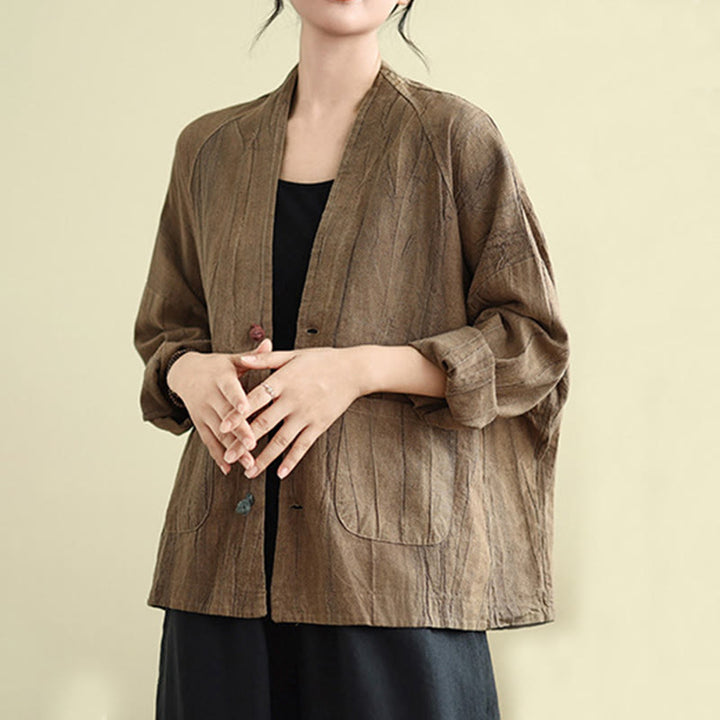 Buddha Stones無地 長袖 レディース コットンリネン ジャケット ポケット付き - image 5