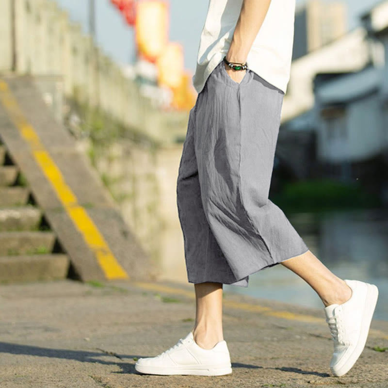 Buddha Stonesサマープレーンプリーツデザイン ドローストリング メンズ 7-8丈 パンツ ポケット付き - image 1