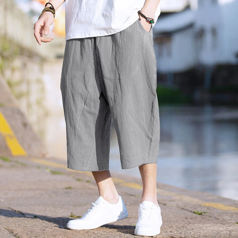 Buddha Stonesサマープレーンプリーツデザイン ドローストリング メンズ 7-8丈 パンツ ポケット付き - グレー - US/UK/AU46、 EU56 (5XL) - image 0