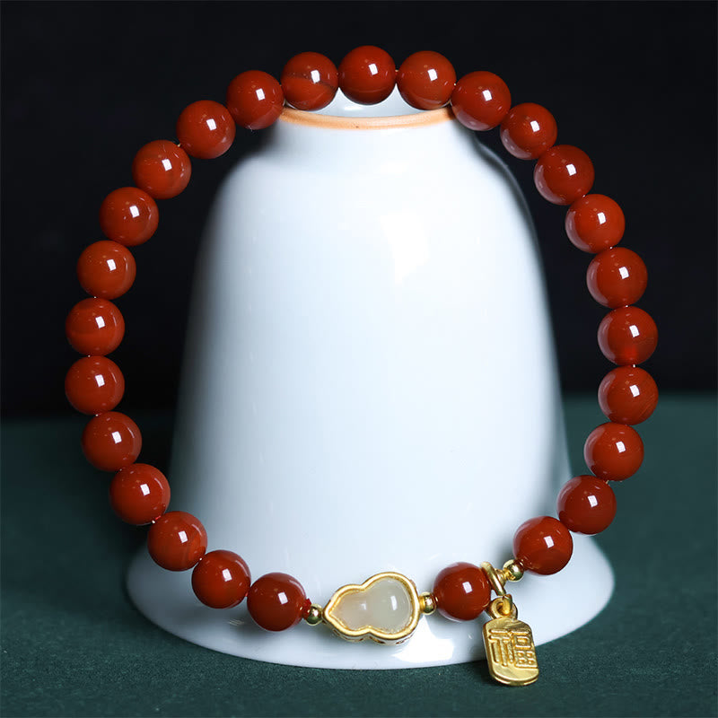Buddha Stones天然南赤瑪瑙和田翡翠ひょうたん幸運を呼ぶブレスレット - 南赤瑪瑙と翡翠の瓢箪（手首周り：15～18cm） - image 1