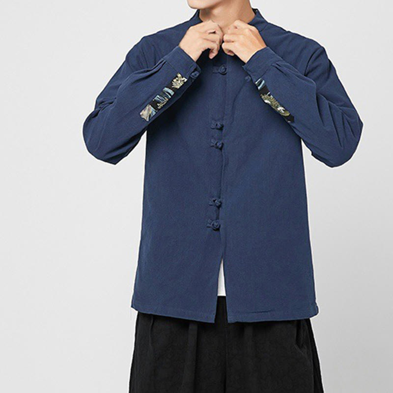 Buddha Stones メンズ フロッグボタン ドラゴン柄 カフス コットン 長袖シャツ - image 1