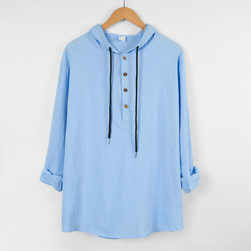 Buddha Stones無地 秋 ハーフボタン メンズ フード付き 長袖 コットンシャツ - image 1