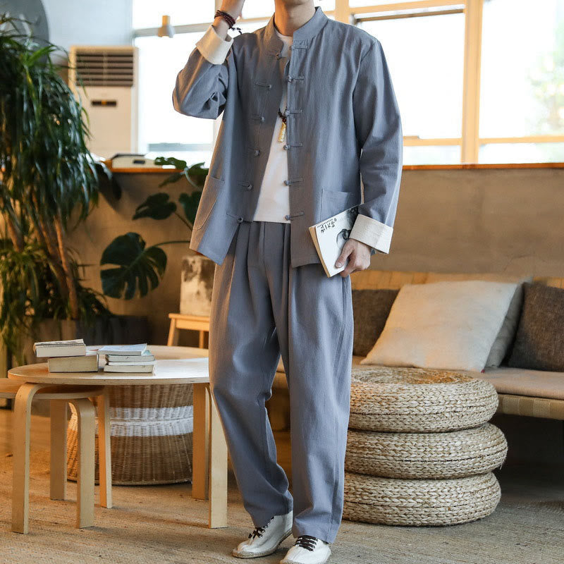 Buddha Stones 2点セット 禅唐装 メンズ カエルボタン 長袖 シャツ パンツ セット ポケット付き - image 1