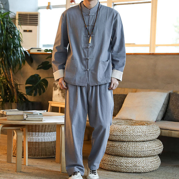 Buddha Stones 2点セット 禅唐装 メンズ カエルボタン 長袖 シャツ パンツ セット ポケット付き - image 3