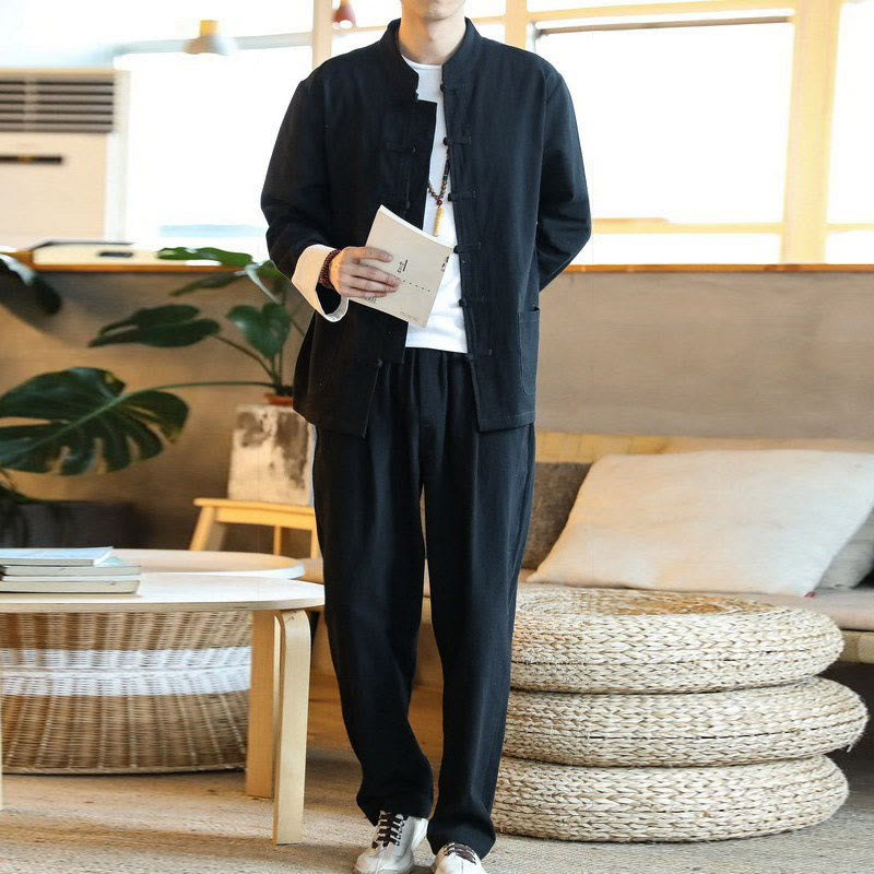 Buddha Stones 2点セット 禅唐装 メンズ カエルボタン 長袖 シャツ パンツ セット ポケット付き - image 19