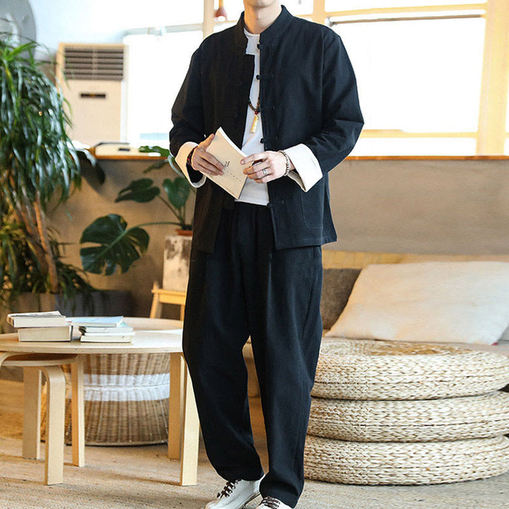 Buddha Stones 2点セット 禅唐装 メンズ カエルボタン 長袖 シャツ パンツ セット ポケット付き - image 21