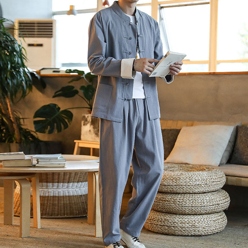 Buddha Stones 2点セット 禅唐装 メンズ カエルボタン 長袖 シャツ パンツ セット ポケット付き - image 8