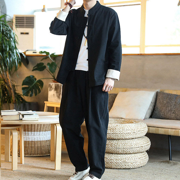 Buddha Stones 2点セット 禅唐装 メンズ カエルボタン 長袖 シャツ パンツ セット ポケット付き - image 17