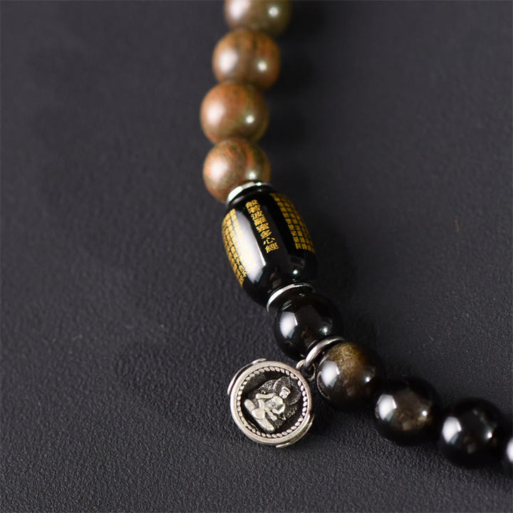 Buddha Stonesチベットグリーンサンダルウッド ゴールドシーンオブシディアン バランスピース ダブルラップブレスレット - image 11