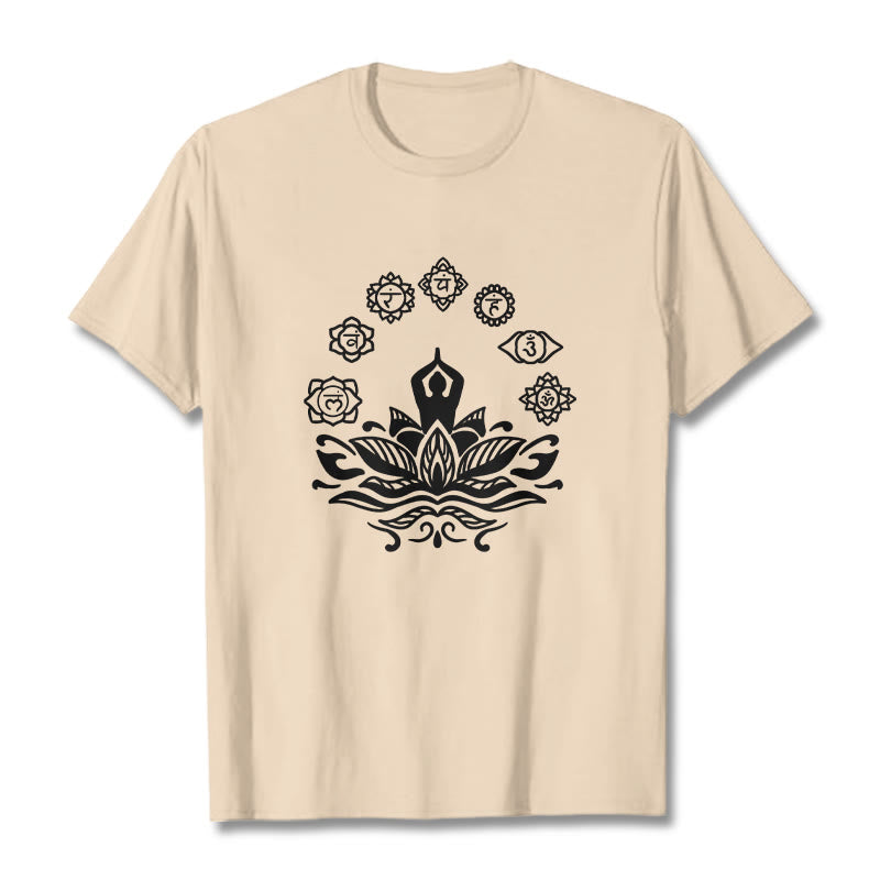 Buddha Stonesカジュアル 瞑想図 蓮の花 7つのチャクラ柄 コットンTシャツ - ビスク - 2XL - image 11