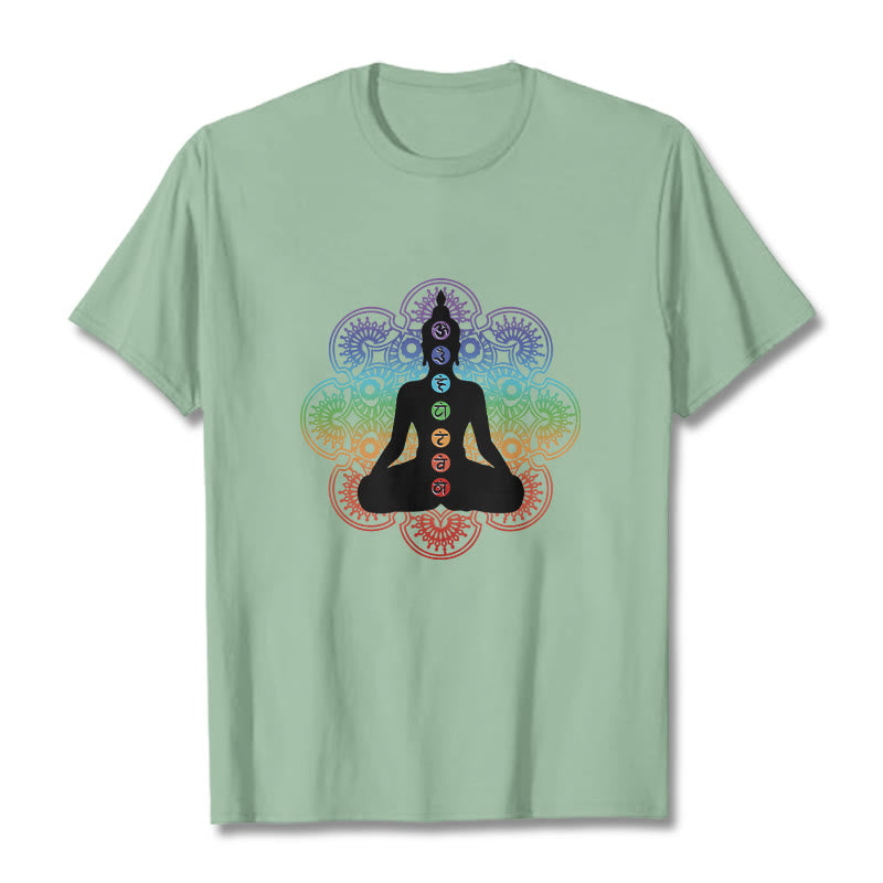 Buddha Stonesカジュアル 瞑想 人物 カラフル マンダラ柄 コットンTシャツ - ペールグリーン - 2XL - image 15