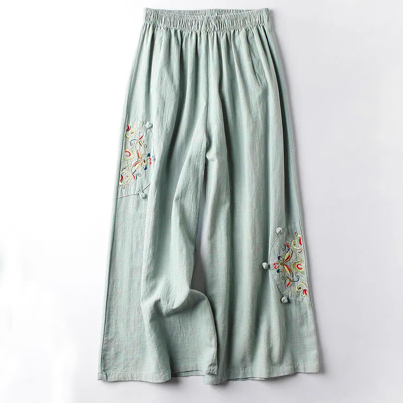 Buddha Stones春エスニック刺繍コットンレディースワイドレッグパンツポケット付き - ペールグリーン - US12、 UK/AU16、EU44（4XL） - image 6