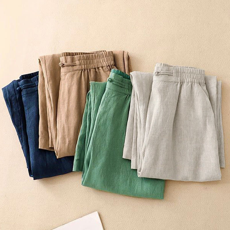 Buddha Stonesデイリー 無地 伸縮性ウエストバンド カエルボタン コットン レディース ワイドレッグパンツ ポケット付き - image 17
