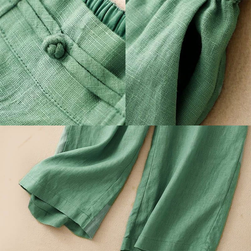 Buddha Stonesデイリー 無地 伸縮性ウエストバンド カエルボタン コットン レディース ワイドレッグパンツ ポケット付き - image 2