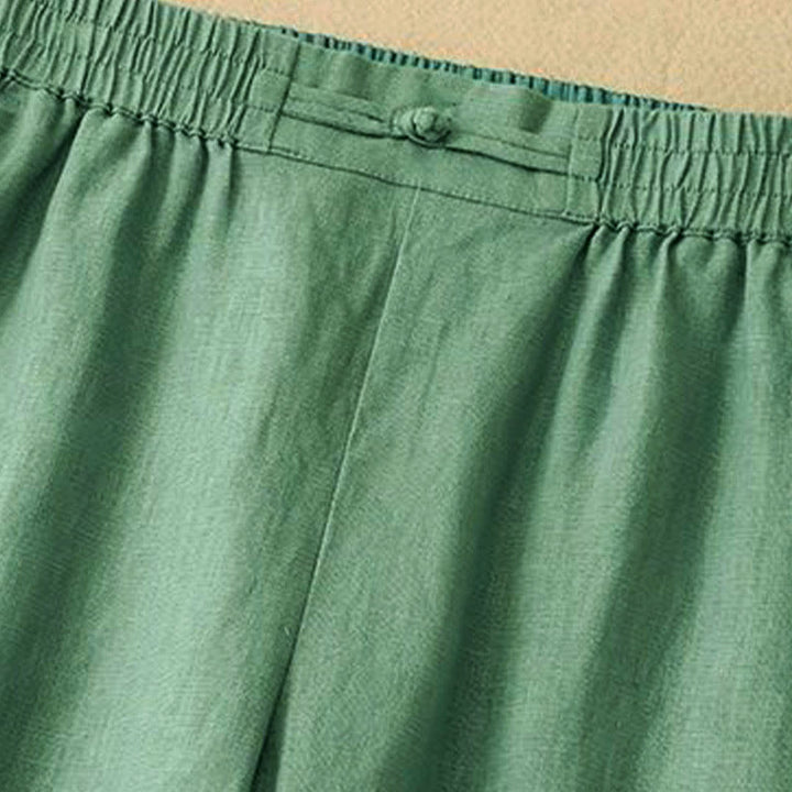 Buddha Stonesデイリー 無地 伸縮性ウエストバンド カエルボタン コットン レディース ワイドレッグパンツ ポケット付き - image 1