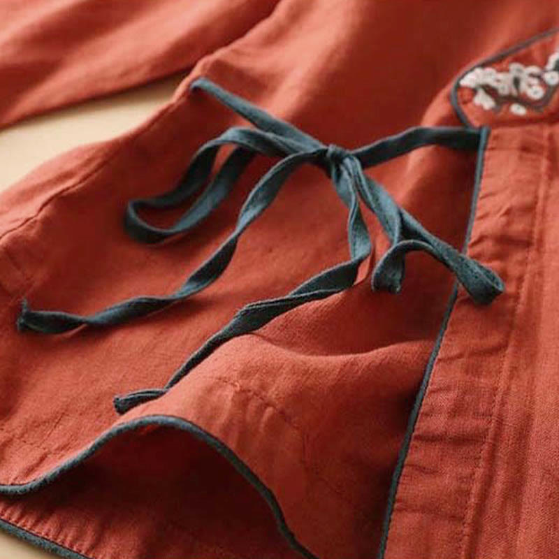 Buddha Stonesカジュアル 刺繍 花 斜め襟 ストラップ 長袖 コットン レディース シャツ - image 1