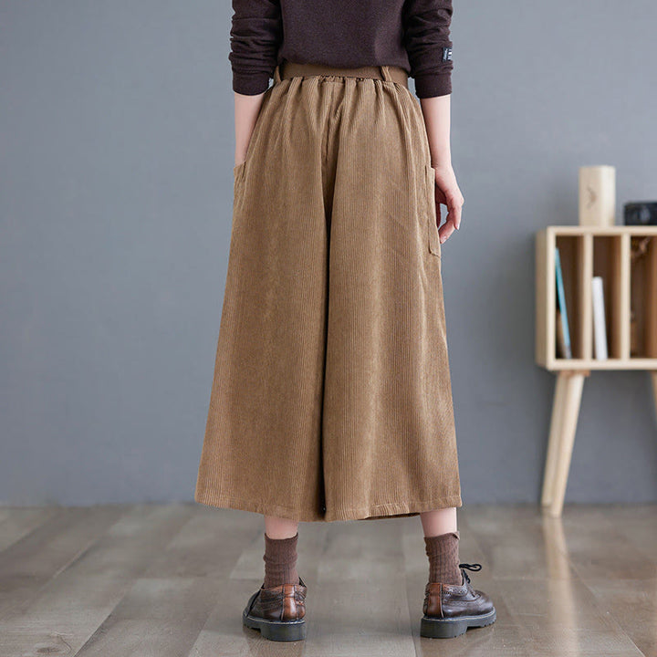 Buddha Stonesレトロ レディース ワイドレッグ 7-8丈 コーデュロイパンツ ポケット付き ベルト付き - image 2