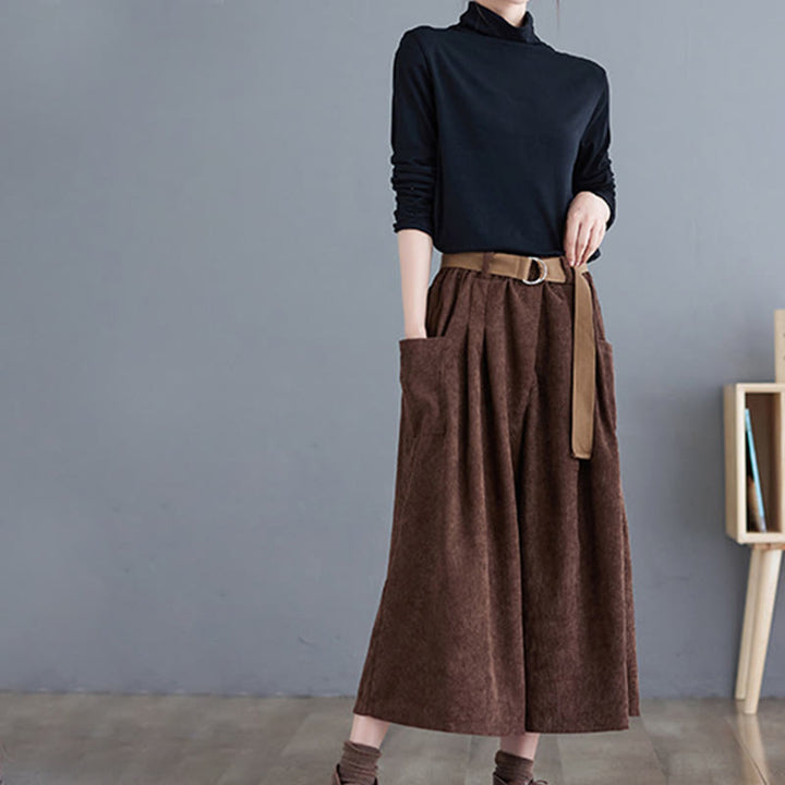 Buddha Stonesレトロ レディース ワイドレッグ 7-8丈 コーデュロイパンツ ポケット付き ベルト付き - image 21
