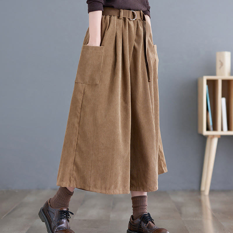 Buddha Stonesレトロ レディース ワイドレッグ 7-8丈 コーデュロイパンツ ポケット付き ベルト付き - image 3