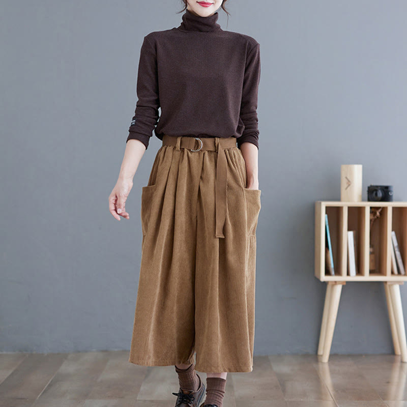 Buddha Stonesレトロ レディース ワイドレッグ 7-8丈 コーデュロイパンツ ポケット付き ベルト付き - image 6
