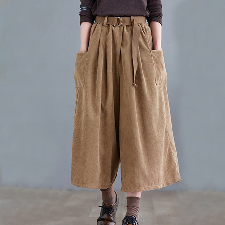 Buddha Stonesレトロ レディース ワイドレッグ 7-8丈 コーデュロイパンツ ポケット付き ベルト付き - image 1