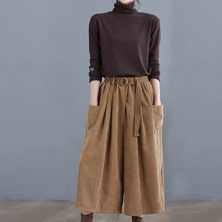 Buddha Stonesレトロ レディース ワイドレッグ 7-8丈 コーデュロイパンツ ポケット付き ベルト付き - image 5