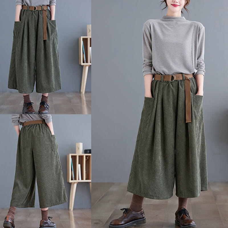 Buddha Stonesレトロ レディース ワイドレッグ 7-8丈 コーデュロイパンツ ポケット付き ベルト付き - image 15