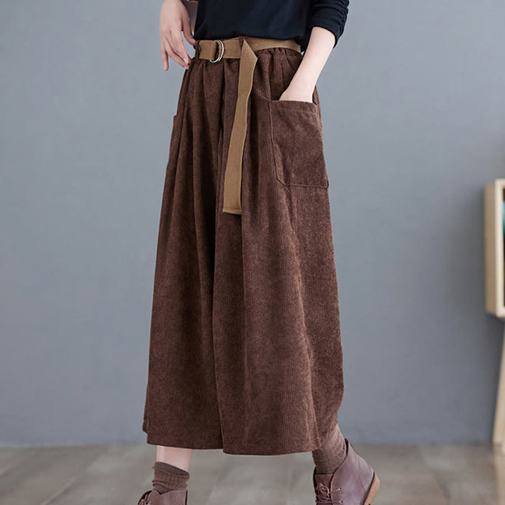 Buddha Stonesレトロ レディース ワイドレッグ 7-8丈 コーデュロイパンツ ポケット付き ベルト付き - image 17