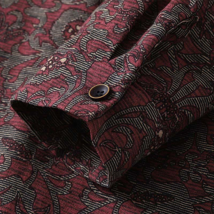 Buddha Stonesブラウンプリント 花柄 ラペル コットンリネン 長袖 ミディドレス ポケット付き - image 9