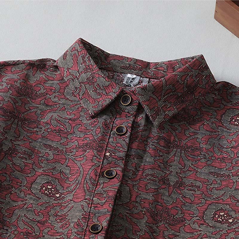 Buddha Stonesブラウンプリント 花柄 ラペル コットンリネン 長袖 ミディドレス ポケット付き - image 2