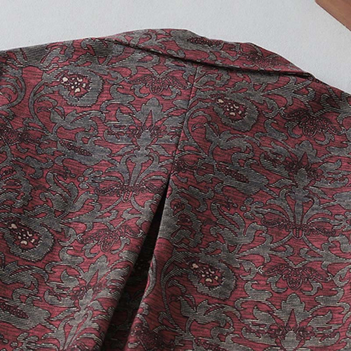 Buddha Stonesブラウンプリント 花柄 ラペル コットンリネン 長袖 ミディドレス ポケット付き - image 4