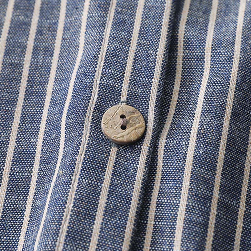 Buddha Stones LightSteelBlue ホワイトストライプ 長袖 ラペル コットンリネン ミディドレス ポケット付き - image 4