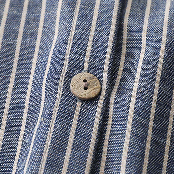 Buddha Stones LightSteelBlue ホワイトストライプ 長袖 ラペル コットンリネン ミディドレス ポケット付き - image 4