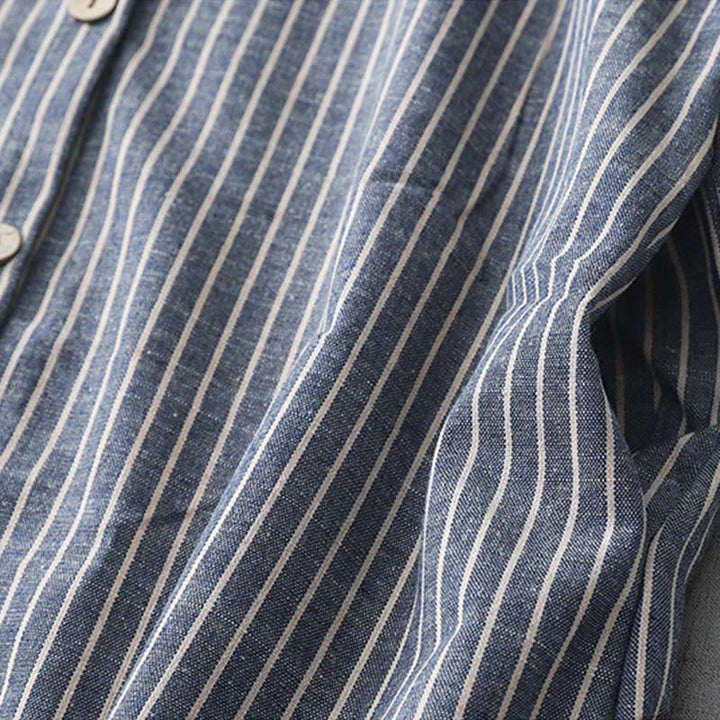 Buddha Stones LightSteelBlue ホワイトストライプ 長袖 ラペル コットンリネン ミディドレス ポケット付き - image 5