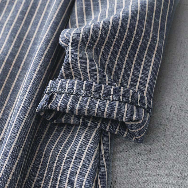 Buddha Stones LightSteelBlue ホワイトストライプ 長袖 ラペル コットンリネン ミディドレス ポケット付き - image 7