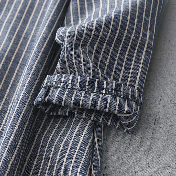 Buddha Stones LightSteelBlue ホワイトストライプ 長袖 ラペル コットンリネン ミディドレス ポケット付き - image 7