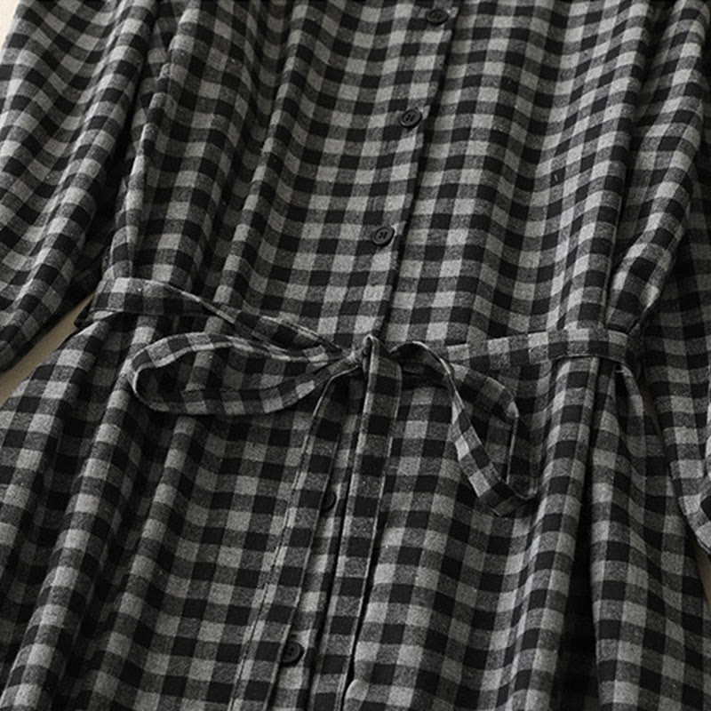 Buddha Stonesブラック レースアップデザイン チェック柄ラペル 長袖 コットンリネン ミディドレス ポケット付き - image 4