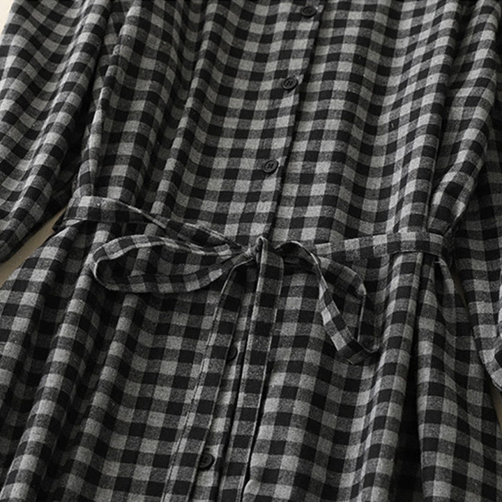 Buddha Stonesブラック レースアップデザイン チェック柄ラペル 長袖 コットンリネン ミディドレス ポケット付き - image 4