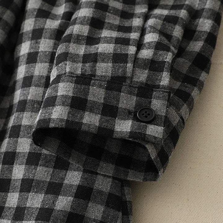 Buddha Stonesブラック レースアップデザイン チェック柄ラペル 長袖 コットンリネン ミディドレス ポケット付き - image 9